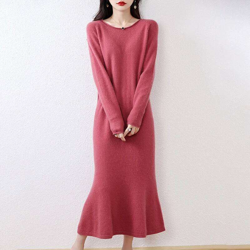 Elegant 100% Women Long Sleeve Curl O-neck Wool Knit Mermaid Sweater Skirt Spring Autumn Winter Fashion Female Dress Z260313