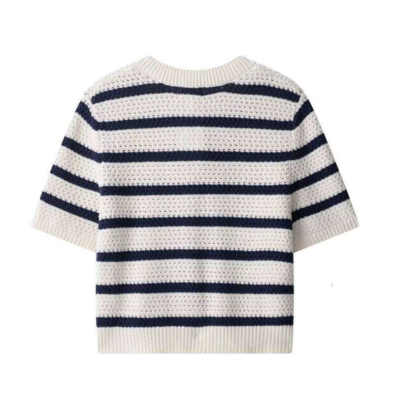 Women Vintage Striped Knit Cardigan Short Sleeves Single Breasted O-Neck Button-up Sweater Summer Casual Tops Z260314