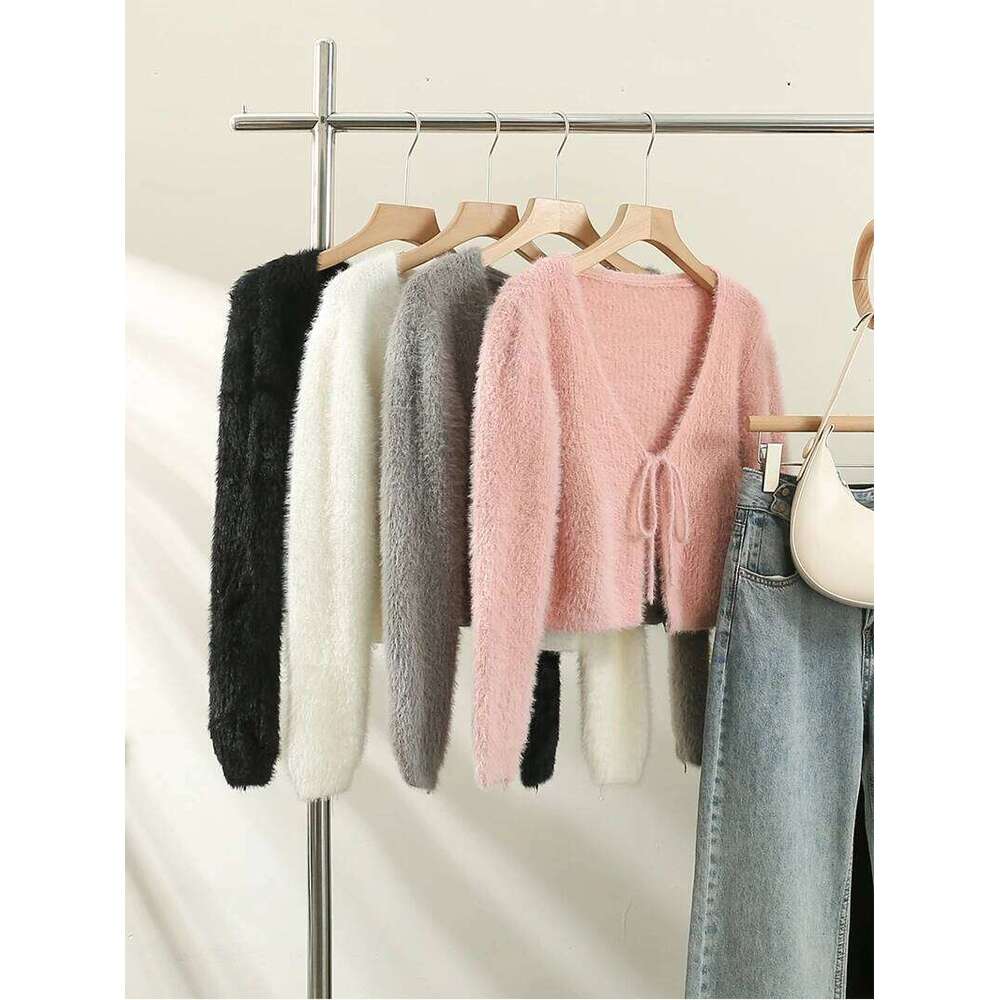 Women Lace Up V-neck Plush Knitted Cardigan Autumn Winter New Korean Version Sweet Versatile Look Thin Sweater Long Sleeve Top Z260313