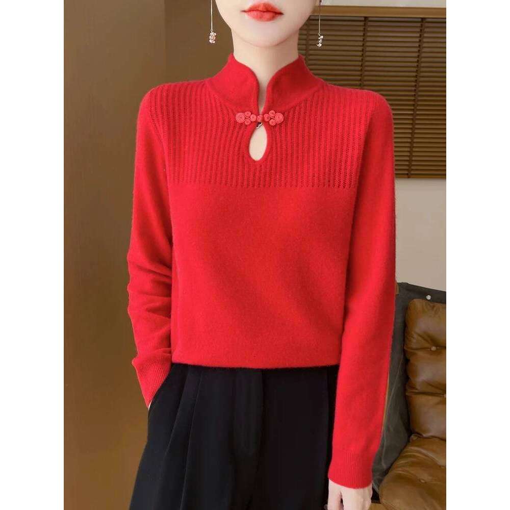Women Merino Wool Sweater Mandarin Collar Pullover Chinese Style Cashmere Bottoming Knitwear Retro Long Sleeve Clothing Tops Z260313
