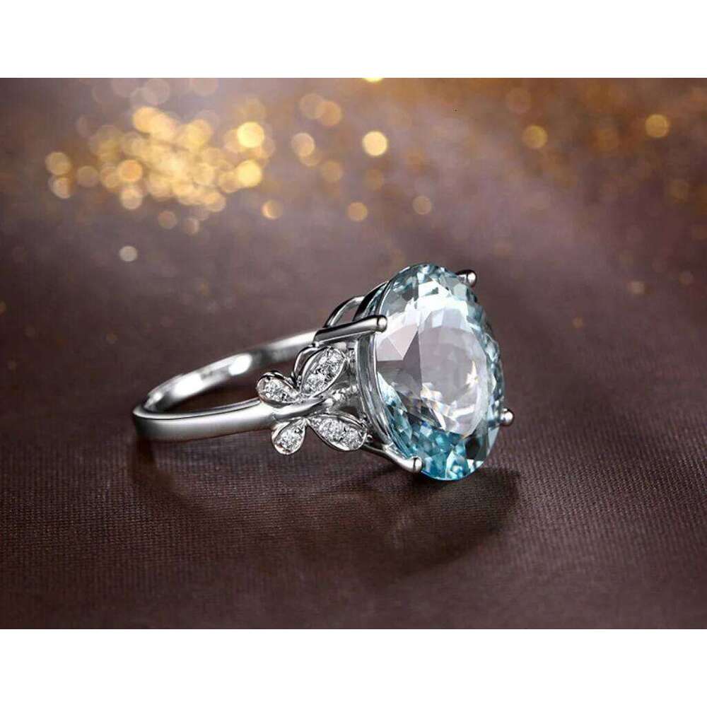 Sky blue cubic zirconia Silver Plated Stainless steel Rings For Women Jewelry Wedding Engagement Ring Wholesale Size 6-10 H260312