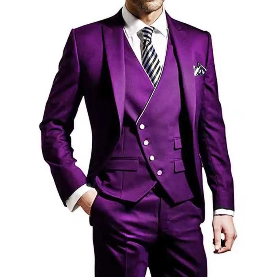 Solid Color 3-Piece Mens Suit Fashionable New Formal Business Wedding Unique Button Lapel Tuxedo Vest Pants Set M260313