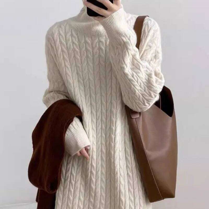 Korean High-neck Twist New Lazy Style Autumn Winter Loose Bottoming Long Knitted Dress Z260313