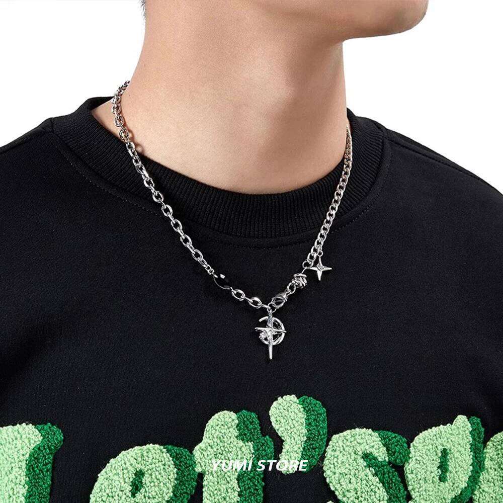 Hip Hop Moon Star Pendant Necklace For Men Women Titanium Steel Spliced Sweater Chain Kpop Unisex Jewelry Street Punk Accessorie H260312
