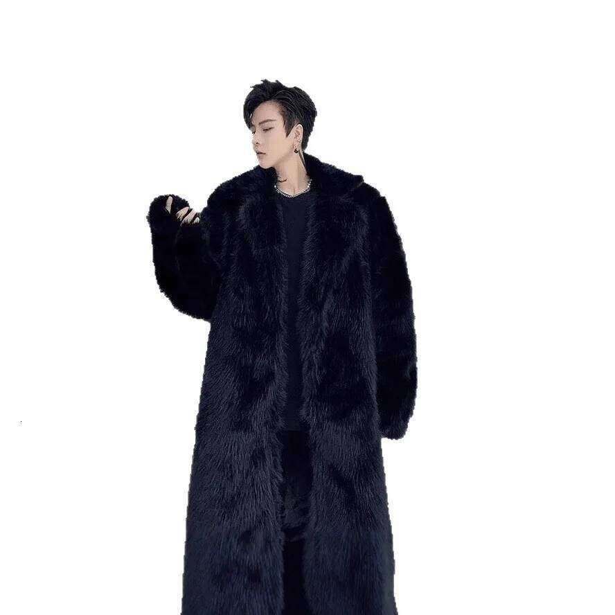 Men Faux Jacket Coat Fox Fur Solid Spliced Outerwear Winter Turn Down Collar Long Sleeve 2025 Overcoat High Street Loose Z260313