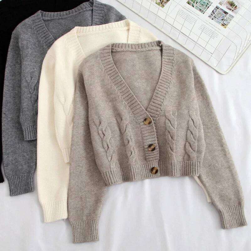 2025 V Neck Cropped Women Long Sleeve Twist Knitted Sweater Coats Autumn Winter Keep Warm Korean Fashion Cardigan Z260314