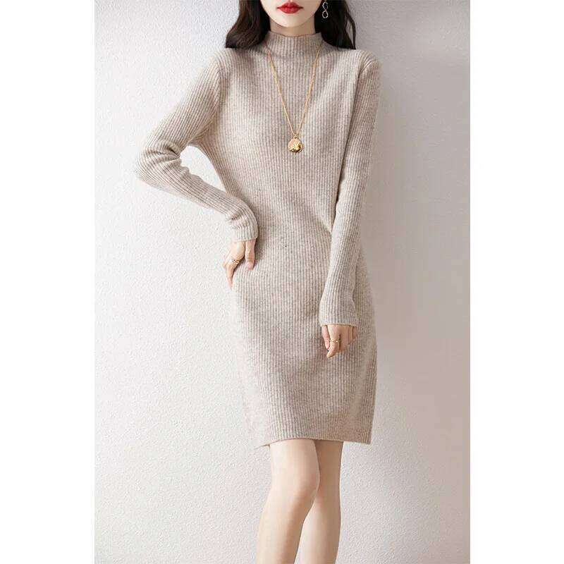 New 100% Merino Wool Knitted Hot Selling in Autumn and Winter Slimming Long Women's Dress Z260313