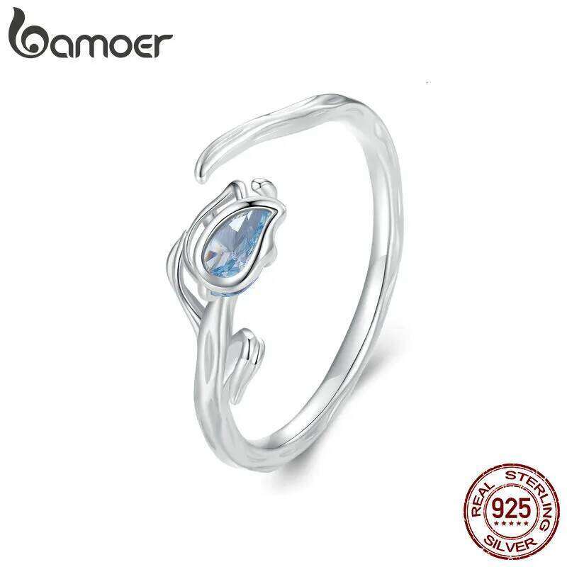 Bamoer 925 Sterling Silver Blue Tulip Opening Flower & Vine Adjustable Ring for Women Birthday Party Romantic Fine Jewelry H260312