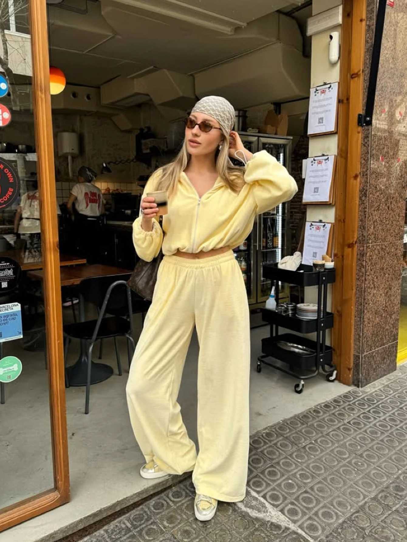 Womens Two-Piece Set Solid Color Hooded Short Sweatshirt Jacket with Elastic Waist Pants Regular Fit Fall Winter Wear M260313