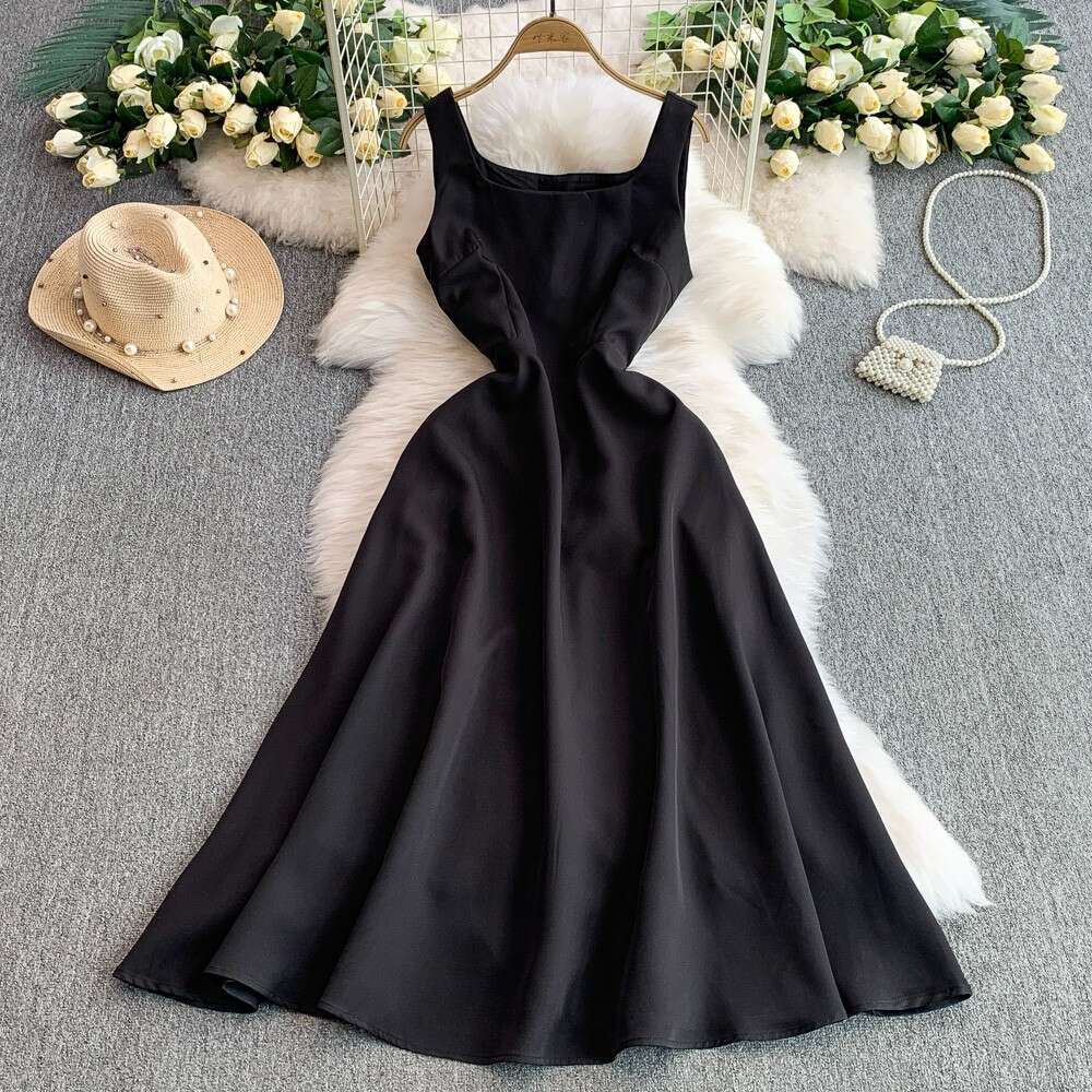Designer French high-end satin elegant square neck women's sleeveless dress summer A15 waist cinching slim fit long dress