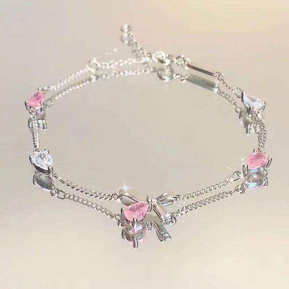 Cute Charm Pink Crystal Flower Bowknot Moon Bracelet for Women Exquisite Fashion Silver Color Zircon Bangle Jewelry Friend Gift Z260313