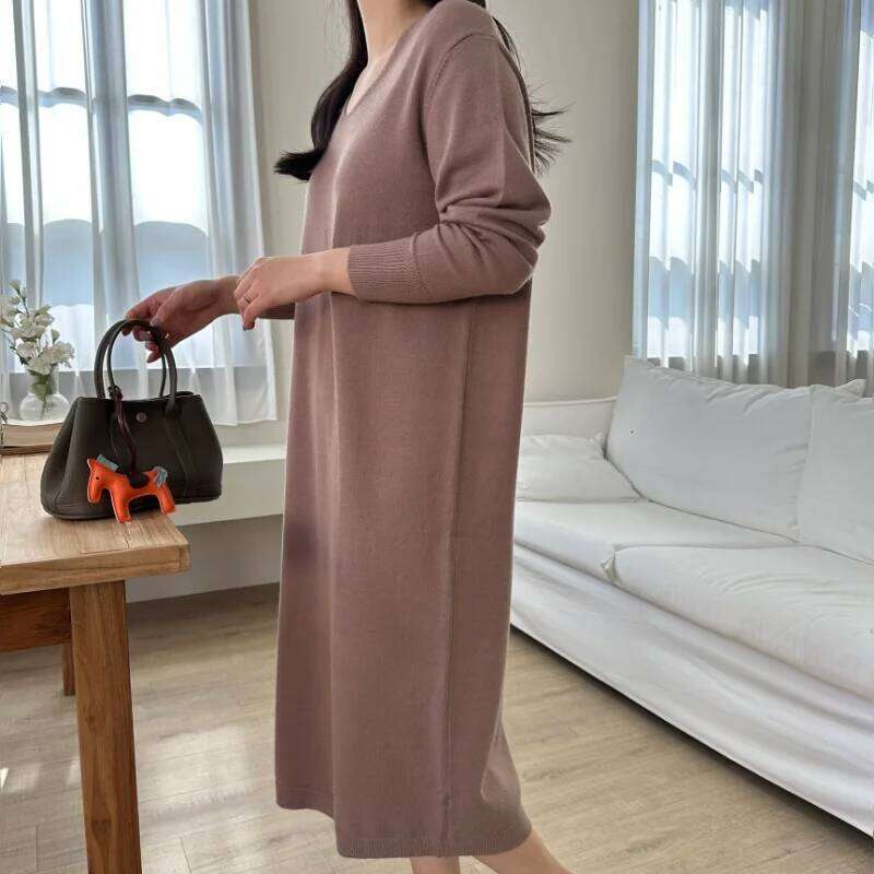 Autumn Winter Casual Loose Women's Knitted Dresses 2025 New Long Sleeve V-neck Elegant Koream Knitting Dress Female Z260313