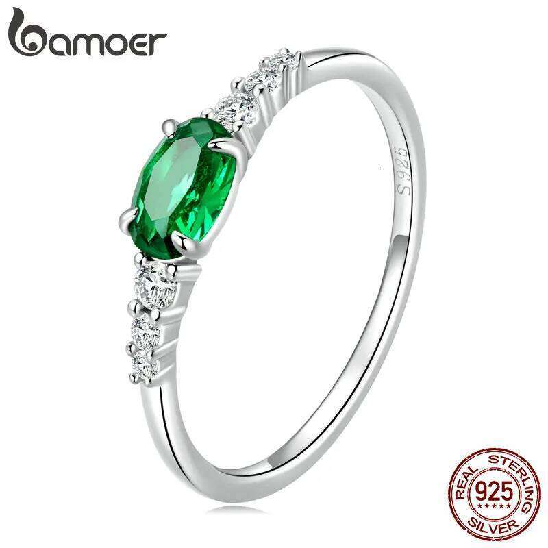 BAMOER 925 Sterling Silver Oval Gemstone for Women Green Pink Zirconium Prongs Setting Ring Wedding Bridal Jewelry Gift H260312
