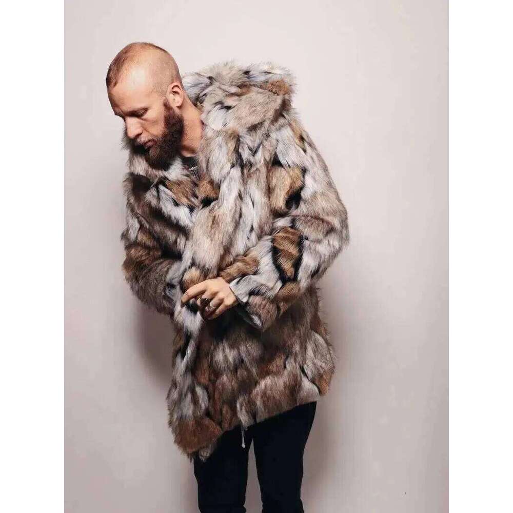 Winter Menthick Hooded Fluffy Warm Outerwear Fox Jacket Long Sleeve Men's Faux Fur Coat Z260313