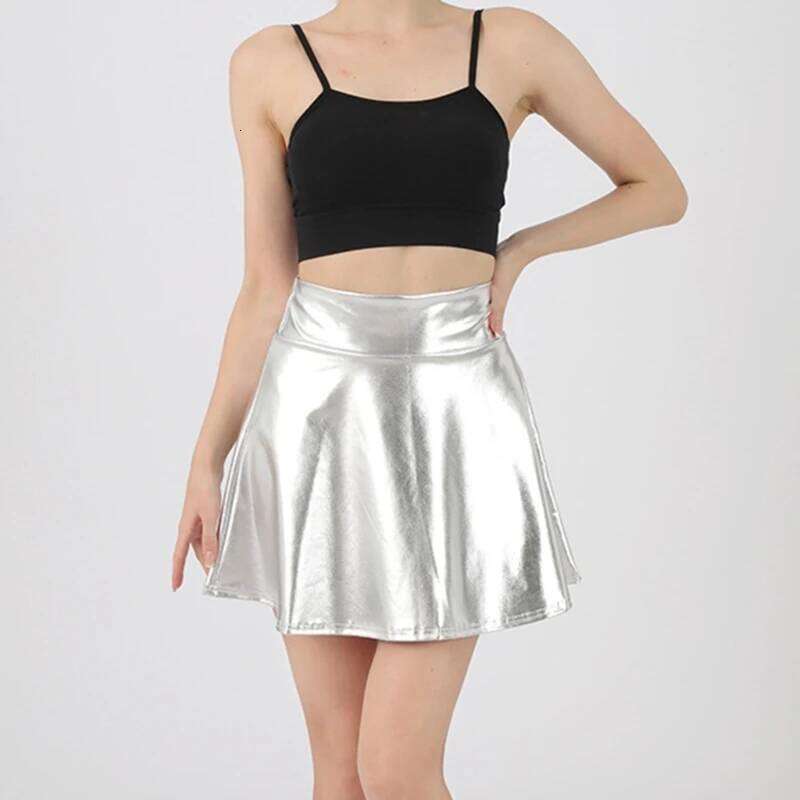 Women Sparkling Metallic Pleated Mini Elastic High Waist PU Shining Flared Short Skater Skirt for Party Club Daily Wear Z260314