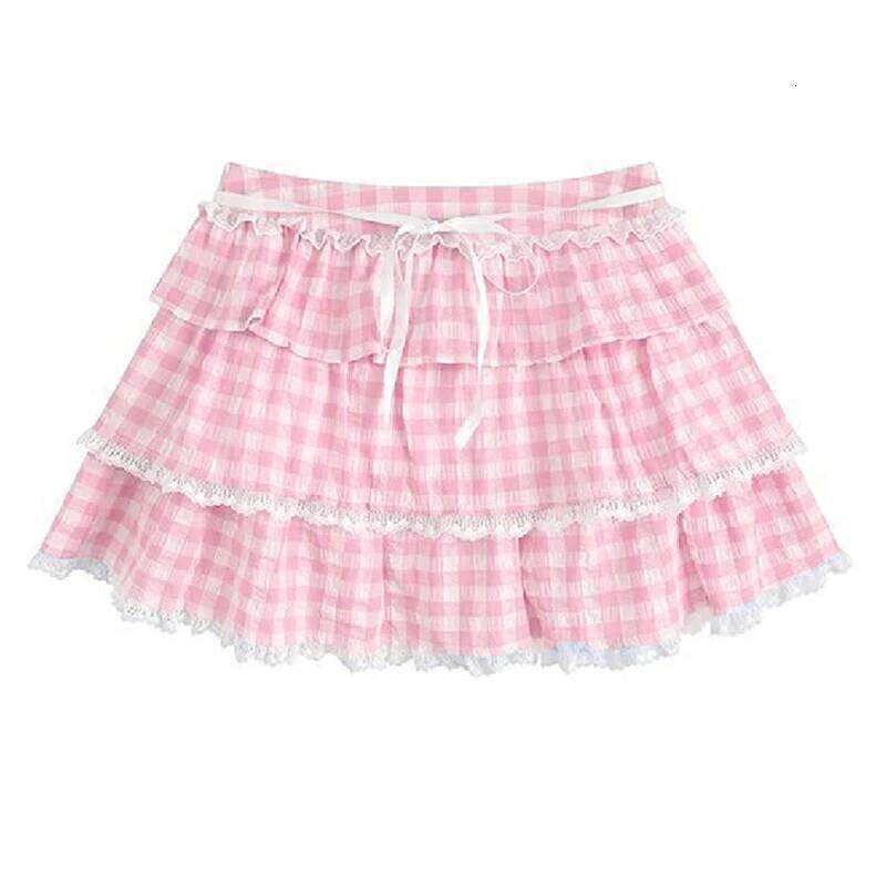 Japanese Kawaii Lace Trim Mini Lolita Style Gingham Layers A-line Y2k Aesthetic Plaid Skirt Teen Girl Streetwear Z260314