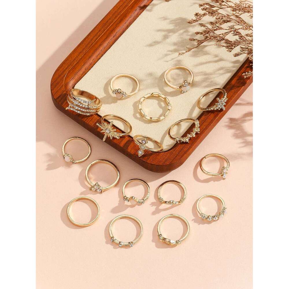 17 Pieces Of New Bohemian-style Retro Geometric Fashion Moonstone Openwork Water Drop Women's Wedding Banquet Ring set H260312