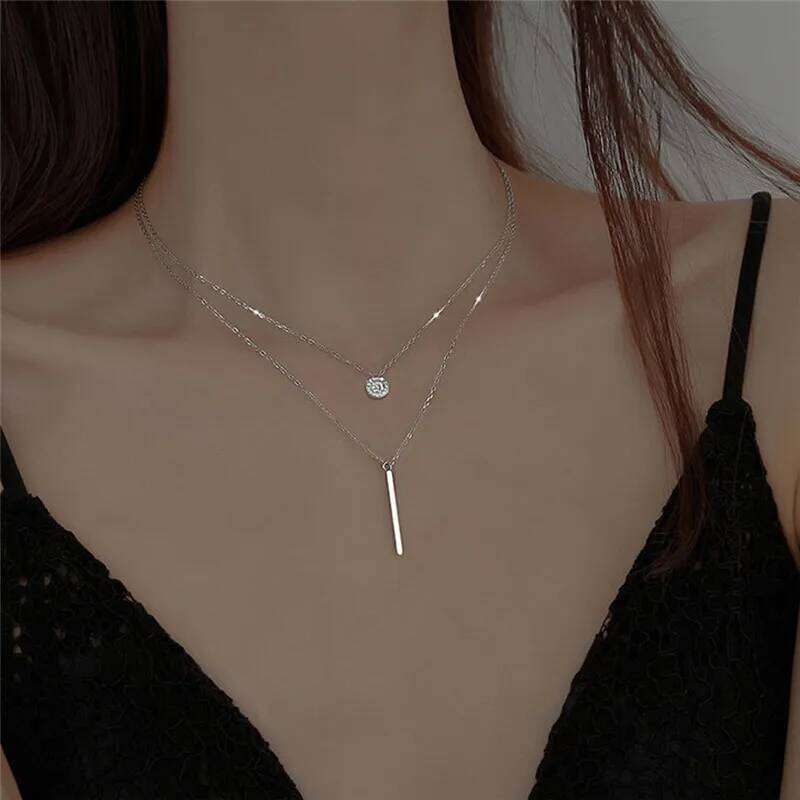LATS New Shiny Round Plate Rose Gold Color Exquisite Double Layer Clavicle Chain Necklace Jewelry for Women Gift H260312