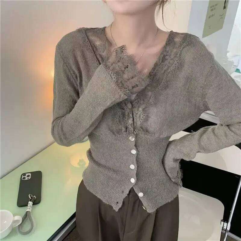 Cardigan Women Hotweet Tender Lace Inner Slim Y2k Sweater Casual Korean Style Girls V-neck Soft Autumn Long Sleeve Temper Chic Z260313