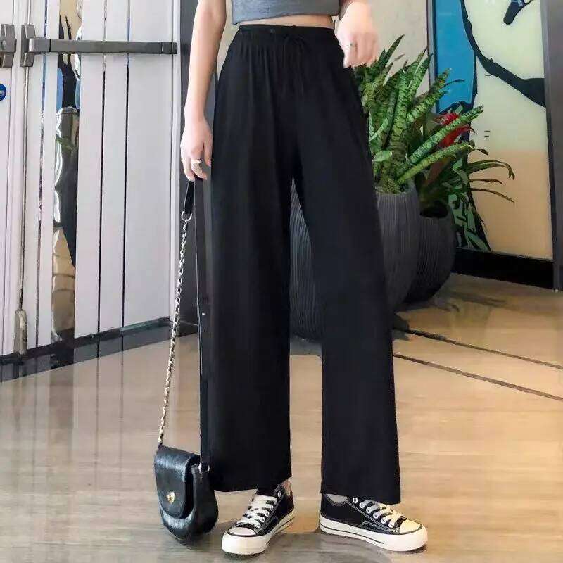 New Women Ankle-Length Wide Leg Casual Solid Elastic Waist Loose Ice Silk Pants Spring Summer Female Trousers 26Y0313