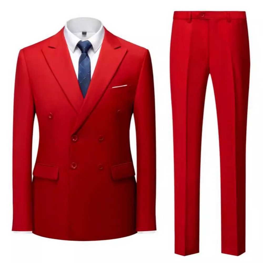 Solid Man Double-breasted 2 Piece Outfit Set Peak Lapel Wedding Business Casual Stage Costume Graduation Suit M260313