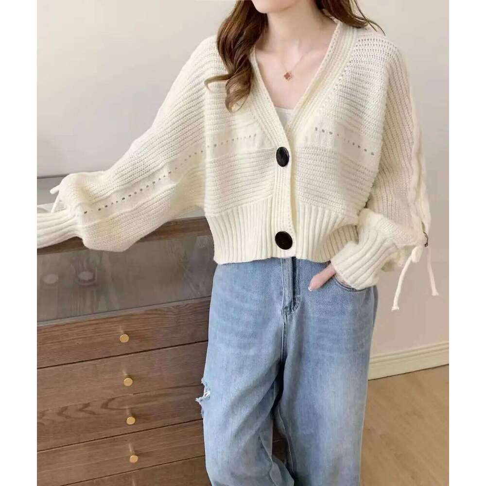 Women's Cardigan Sweater with Bow Decor Big Button V-Neck Crop Knitted Jacket Boxy Fit Korean Fashion Casual Female Fall Winter Z260313