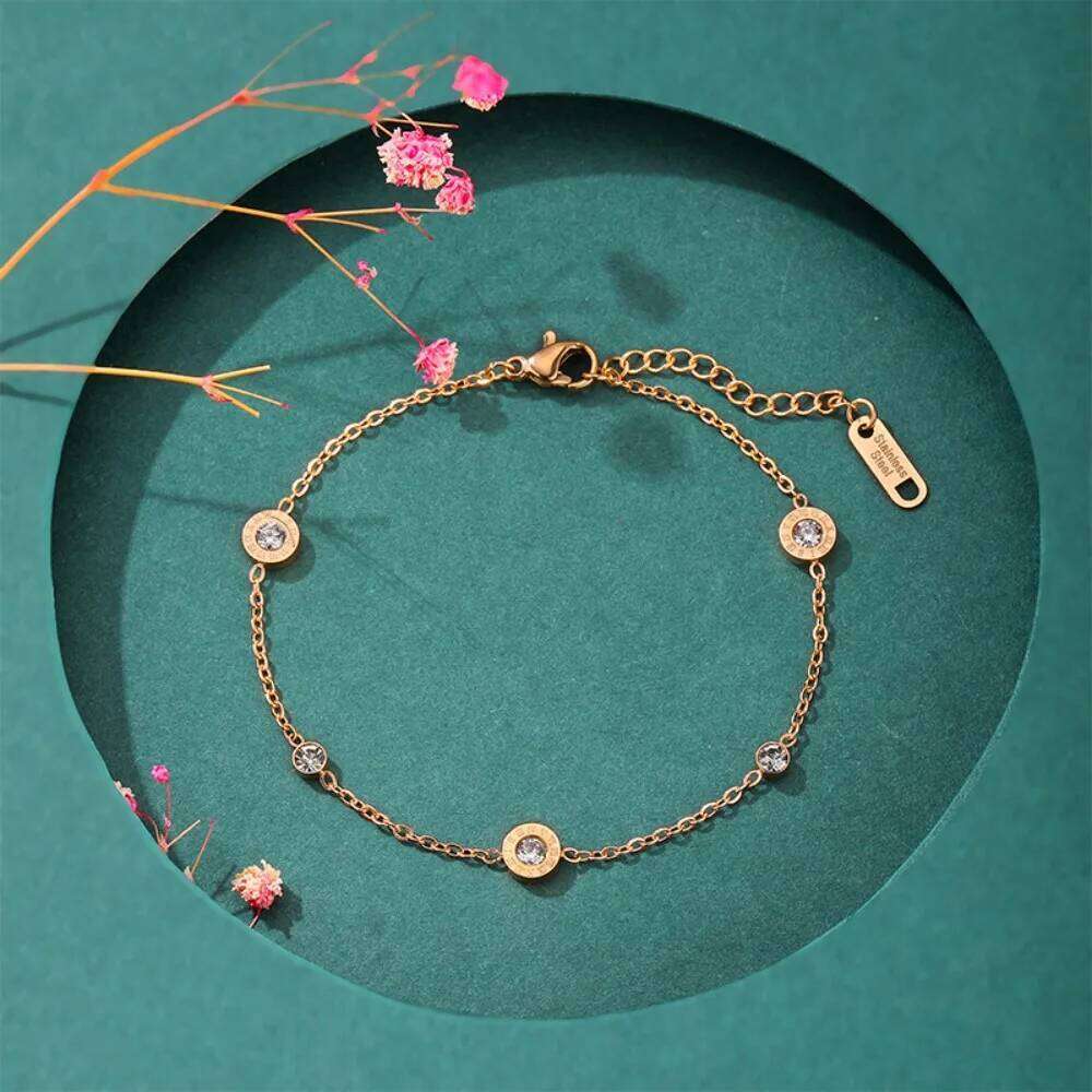 Trendy Exquisite Gold Color Stainless Steel Round Roman Double Zircon Adjustable Bracelet for Women Friends Charm Jewelry Gifts Z260313