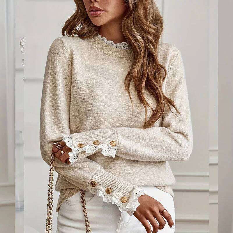Autumn Winter Women's Knitted 2025 Fashion Lace Round Neck Long Sleeve Pullover Sweater Tops Women Casual Z260313