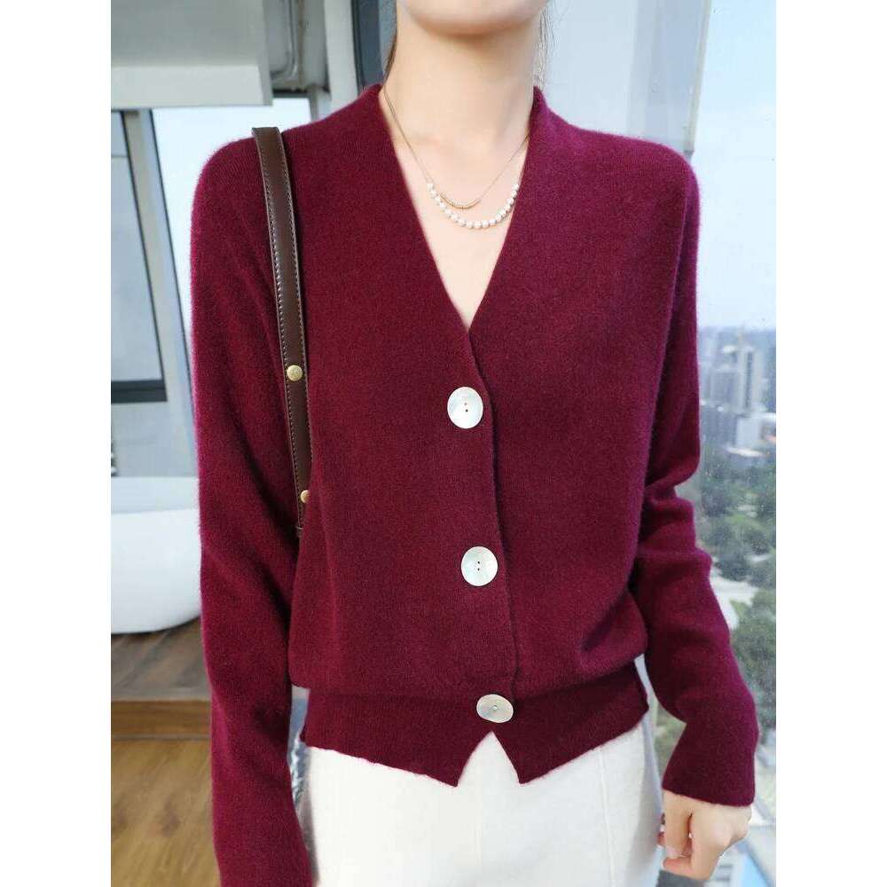 Women Sweater V-neck Cardigan Autumn Winter 30% Cashmere And 70% Merino Wool Knitwear Long Sleeve Soft Solid Grace Tops Z260314