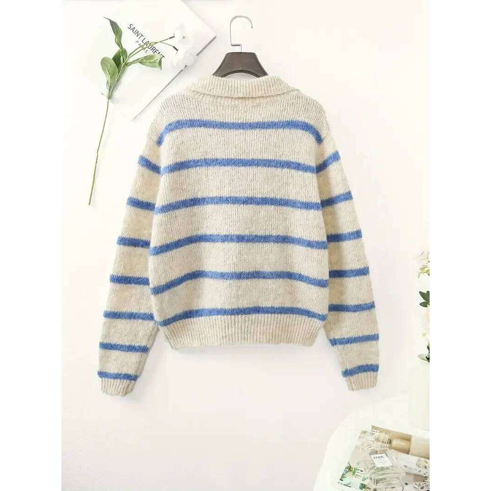 Women's Fashion Casual POLO Collar Striped Knitted Hoodie Soft and Comfortable Intercolor Sweater Z260313