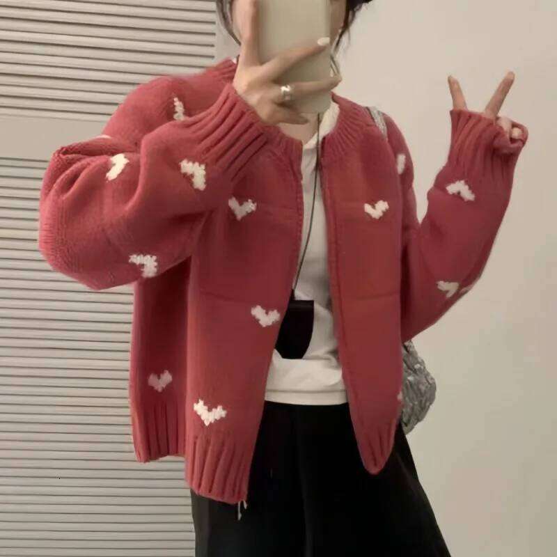Chic Heart Jacquard Casual O Neck Zipper Long Sleeve Women's Knitted Cardigan Spring and Autumn Sweet Versatile Sweater Coat New Z260314