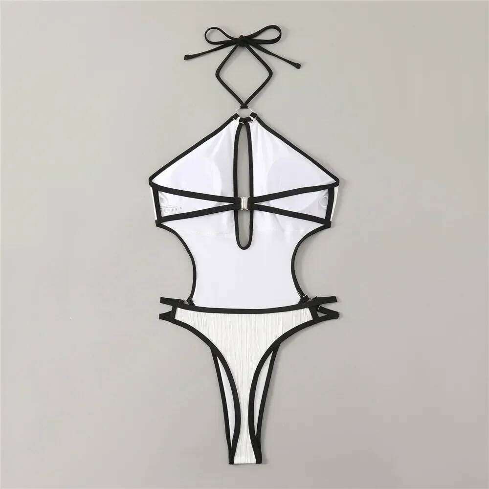 Sexy White Backless Swimwear Women 2024 One Piece Swimsuit Hollow Out Monokini Bathing Suit String Halter Swimming Wear Bather Y260303