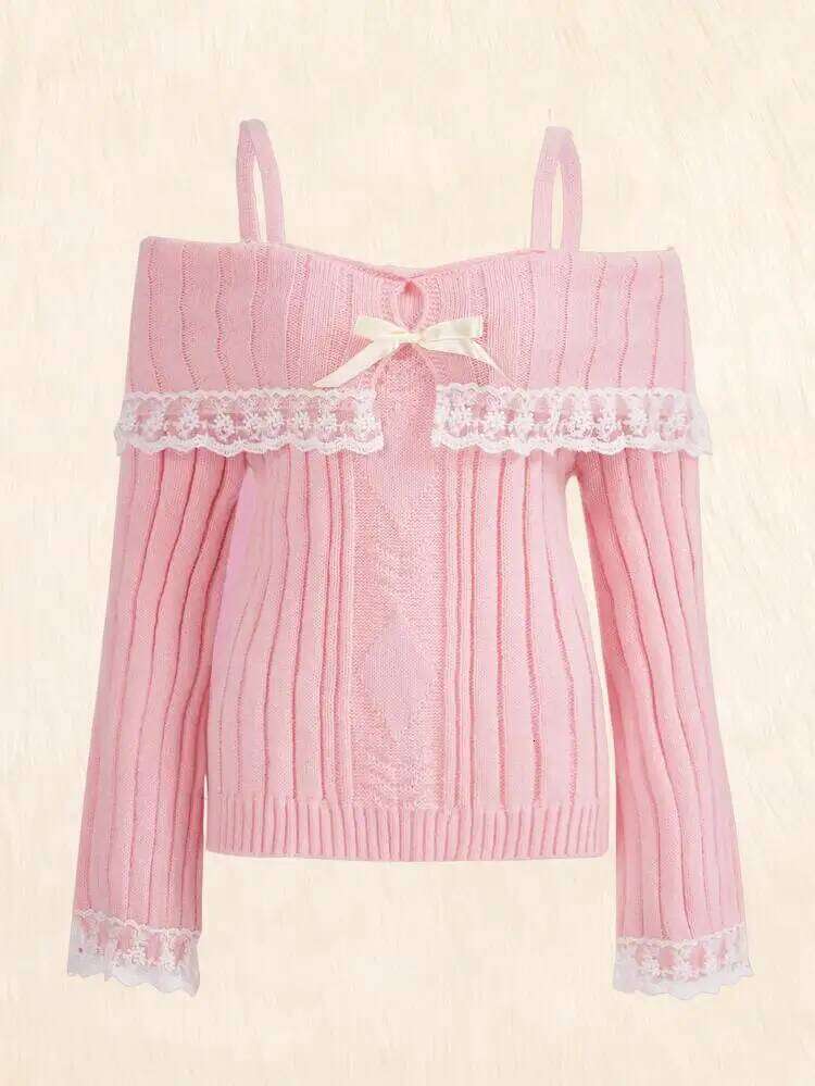 Grunge Women Off Shoulder Knit Sweater Pink Pullover Sweet Pullovers Long Sleeve Bow Lace Patchwork Jumpers Y2k Streetwear Z260313