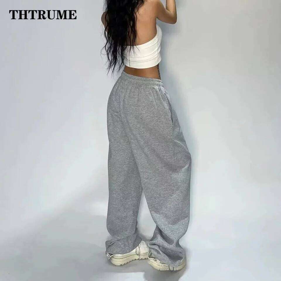 Casual Women Solid New Pant Fashion Summer Oversized Vintage Pocket Drawstring Wide Leg Pants Elegant Loose Baggy Chic Trousers