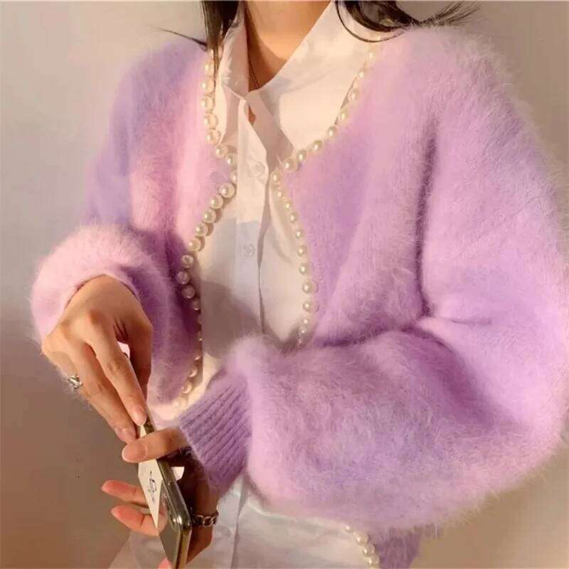 2026 Autumn Winter New Fashion Ladies Pearl Knit Lantern Sleeves Imitation Mink Fleece Sweater Cardigan Jacket Women Outerwear Z260313