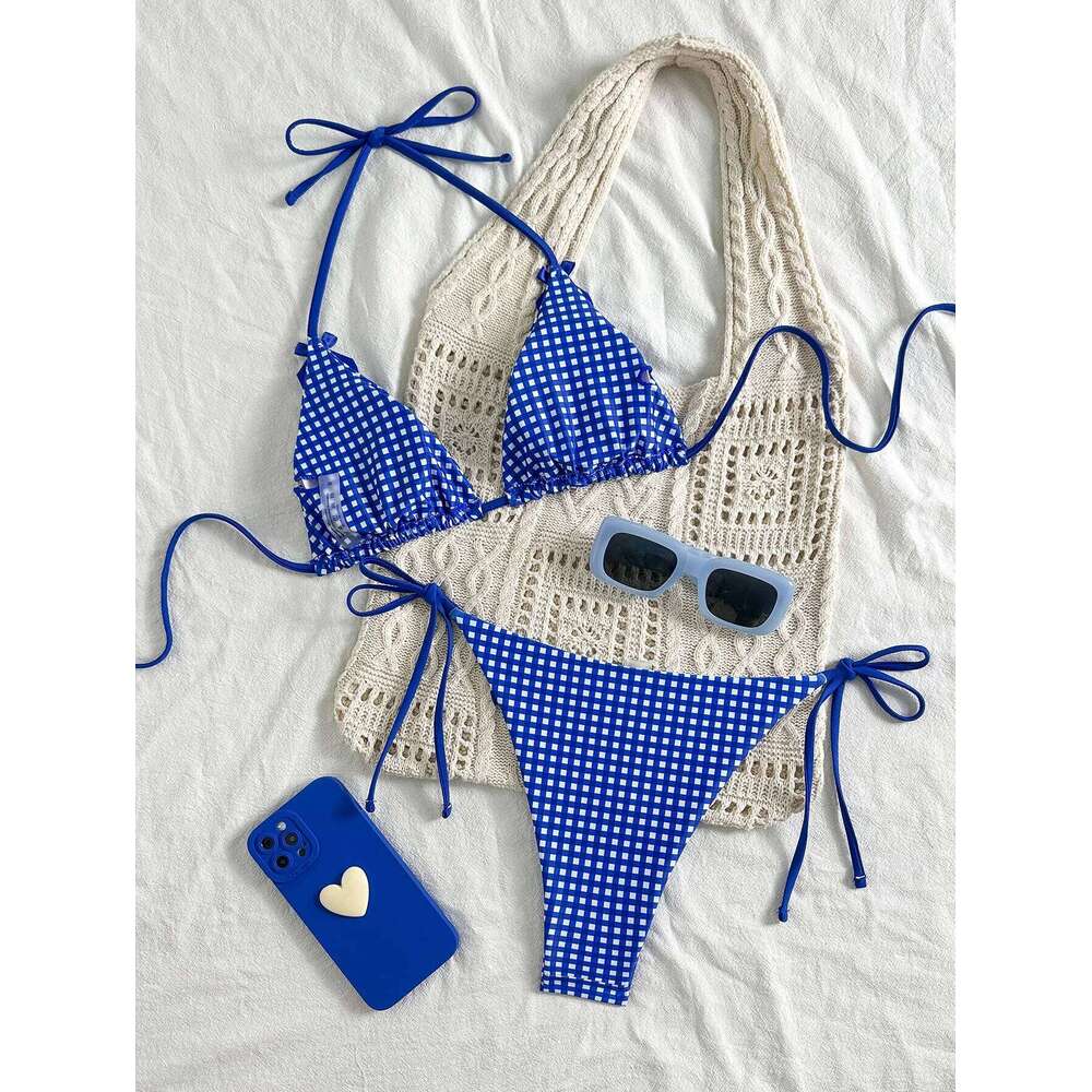 Women's Bikini Set, Ins-Style Picnic Mat Blue White Checkered Two-Piece Swimsuit, Popular Bow-Tie Sexy Halter Tie-Up Triangle Top an 26H0313