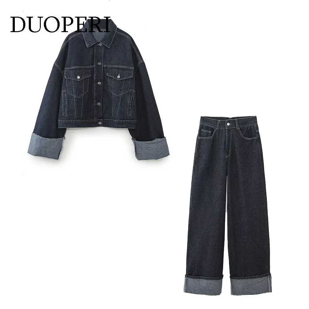 DUOPERI Women Fashion 2 Pieces Sets With Pocket Denim Blue Jackets Front Zipper Trousers Feamle Chic Lady Pants Sets M260313