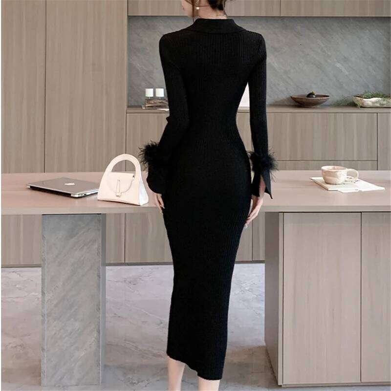 Seoulish Autumn Winter Polo Collar Women's Wrap Knitted Dresses Long Sleeve Sheath Knitwear Office Bodycon Dress Female 2023 New Z260314