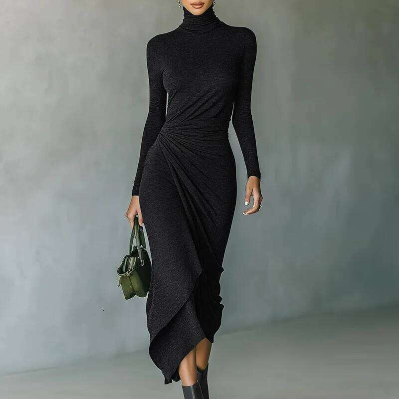 2026 Spring Casual Turtleneck Slim Irregular Woman Elegant Solid Draped New Autumn Long Sleeve Femme Boho Dress Z260313