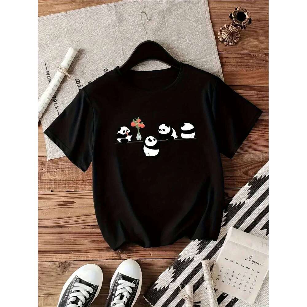 With Adorable Design Sleeve Multiple Colors Available Festive Apparel Women's Cute Panda Graphic Casual Round Neck Z260314