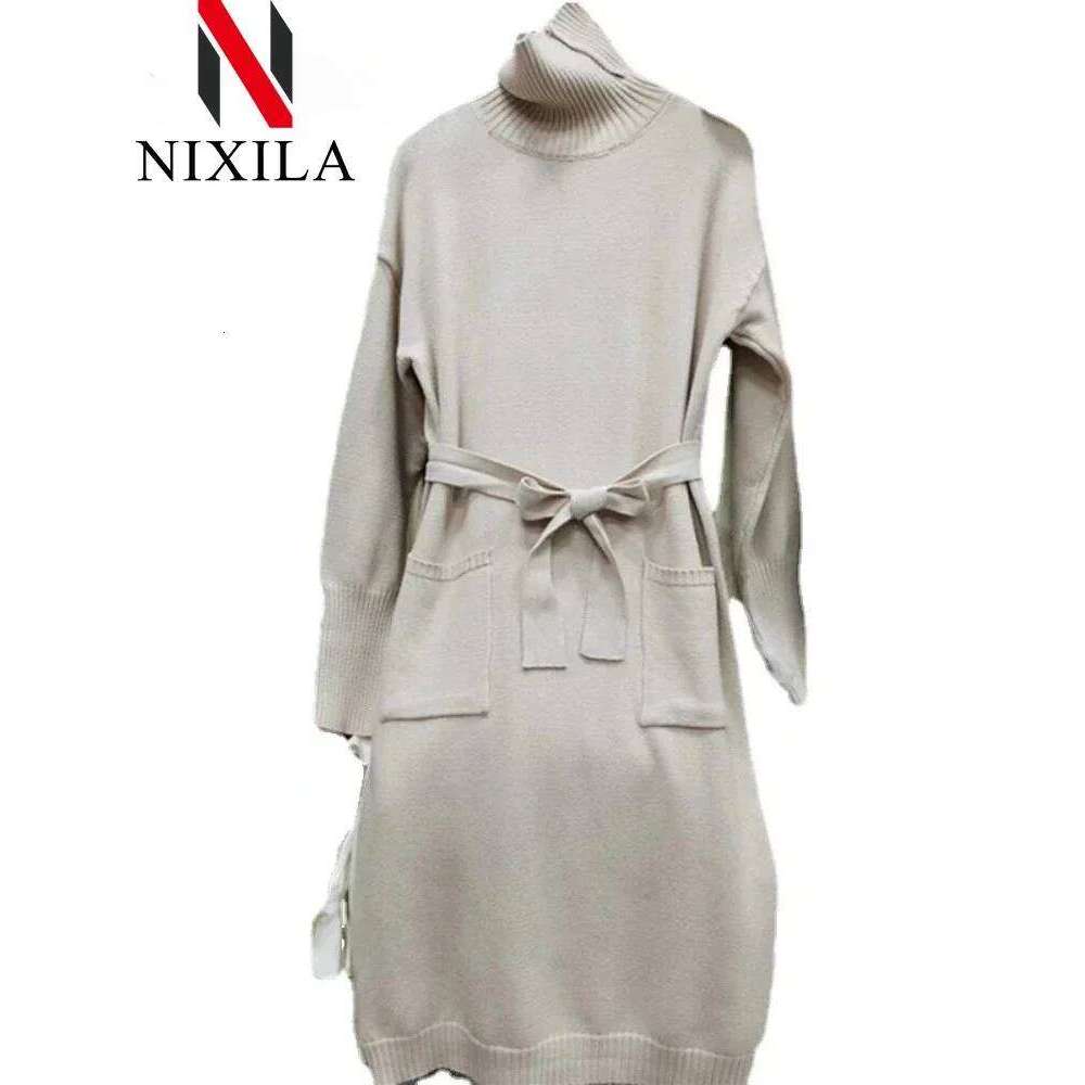 New in Autumn Winter Knitted Fashion Pullover Mid-length Turtleneck Dress Solid Color Pocket Sweater Long Dresses Woman Clothing Z260314
