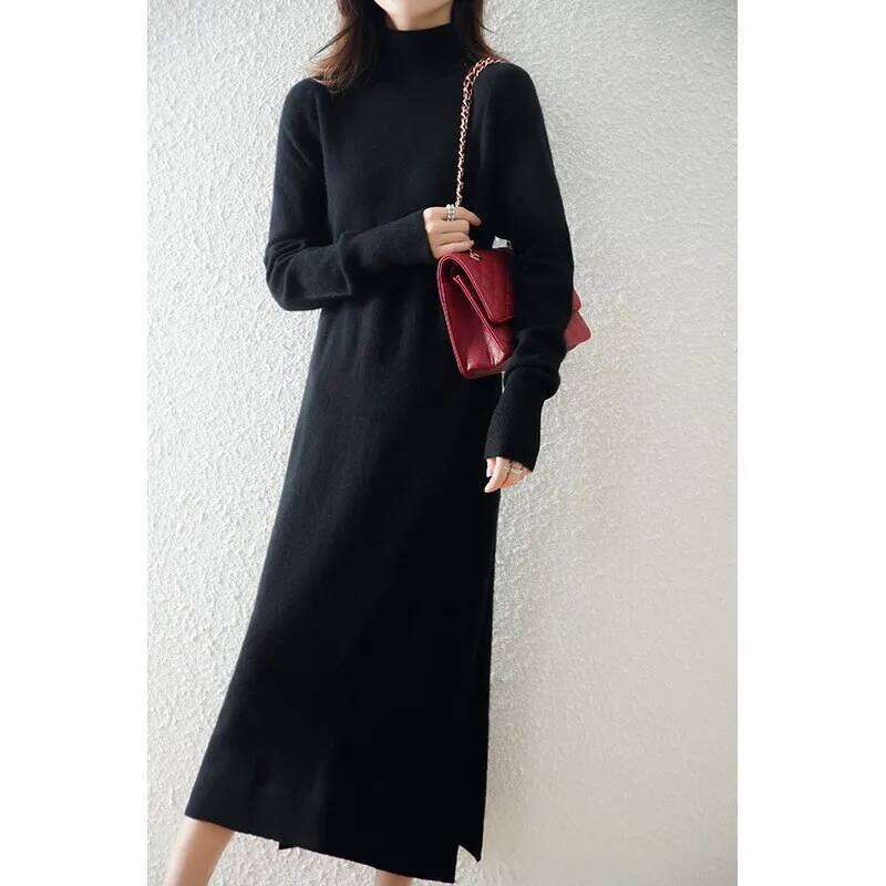 Autumn and winter high lapel dress female Korean version of long over-the-knee cashmere bottoming knitted skirt Z260313