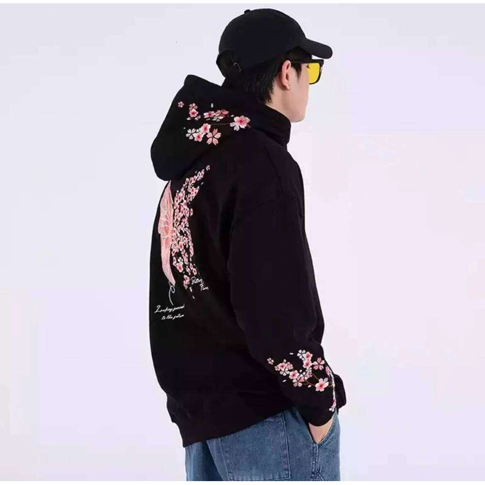Man Hoodies 100% Cotton Butterfly Embroidery Harajuku Solid Pocket Hooded Sweatshirts Autumn Long Sleeve Loose Chinese Outwear Z260314