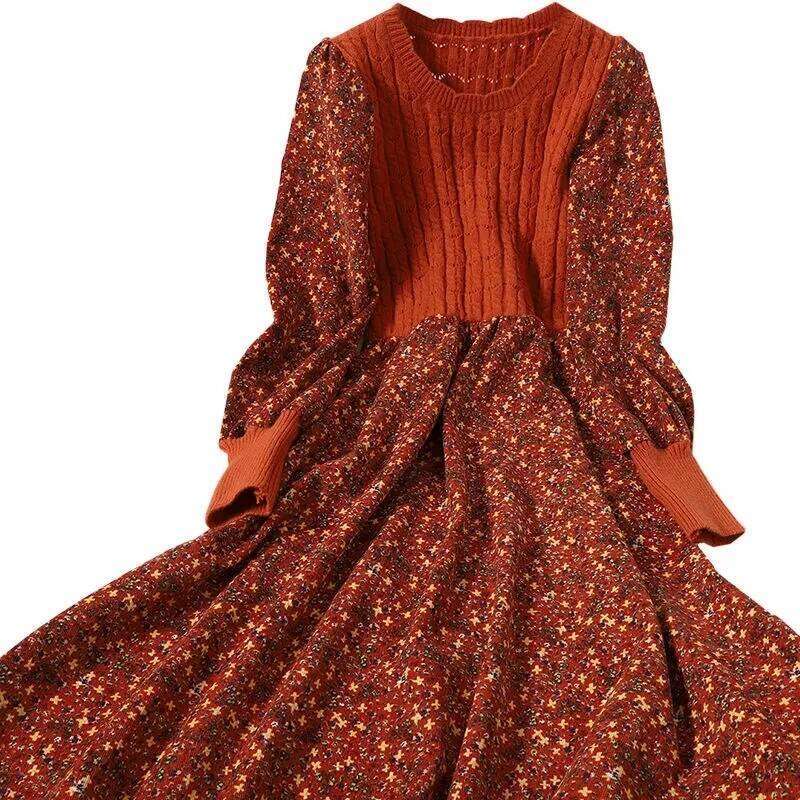 2025 Autumn Winter New Korean Patchwork Bandage Long Sleeved Knitted Dress Women's Fashion Slim Sweet Corduroy Flower Dresses Z260314
