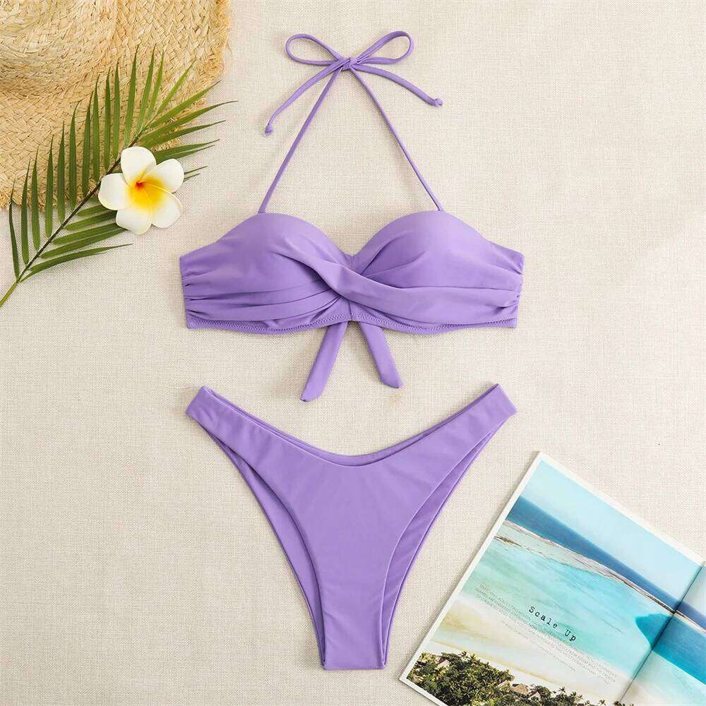 RED Bikini Backless Bandage Bandeau Swimsuit Twist Stacked Push Up Vacation Swimwears Women Y2K Cute Beach Outfits Bathing Suits Y260303