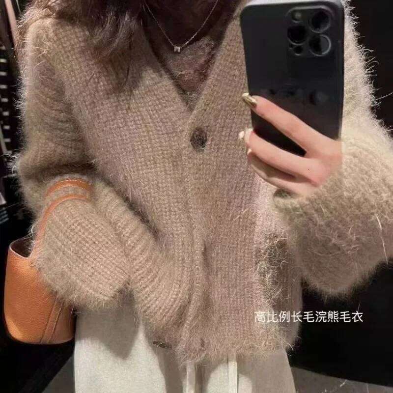 Fluffy Soft Knitted Cardigan V-neck Single Breasted Sweater Women Lazy Coat Crop Tops Design Jackets Long Sleeve Top Z260313