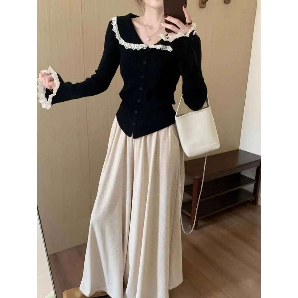 Cardigan Women Peter Pan Collar Korean Fashion Knitted Lace Patchwork All-match Inner Autumn Daily Cozy Temperament Top Ulzzang Z260313