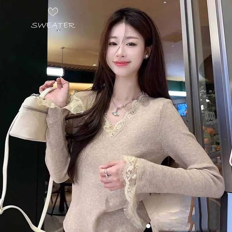 Fashion Lace V-Neck Knitted Sweater for Women Elegant Temperament Long Sleeve Jumpers Ladies Fall Winter Bottoming Pullover Z260313