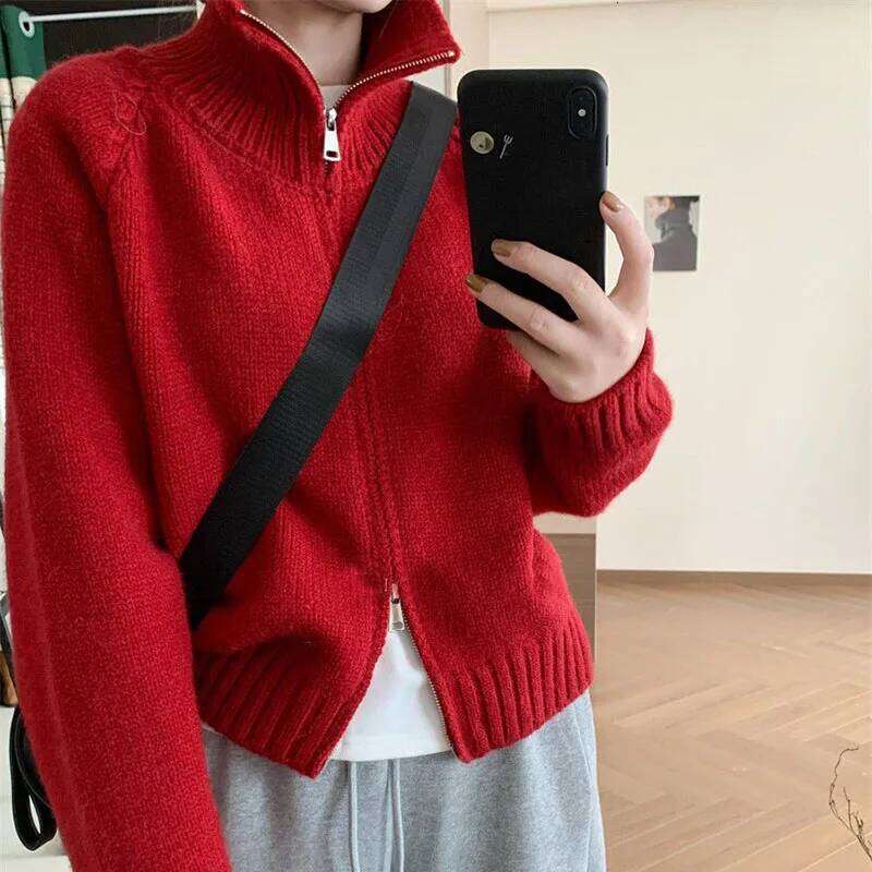 Lazy Style Double Zipper Turtleneck Sweater Female Autumn Winter Thicken Warm Knitted Cardigan Woman Korean Cropped Knitwears Z260314