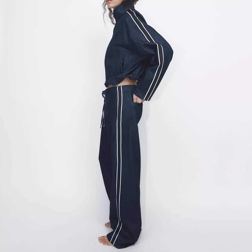 PRINTKAOIR Women High Street Denim Set Side Stripe Stand Collar Zipper Jacket Lace-Up Pant 2025 Autumn Winter Casual Female Set M260313